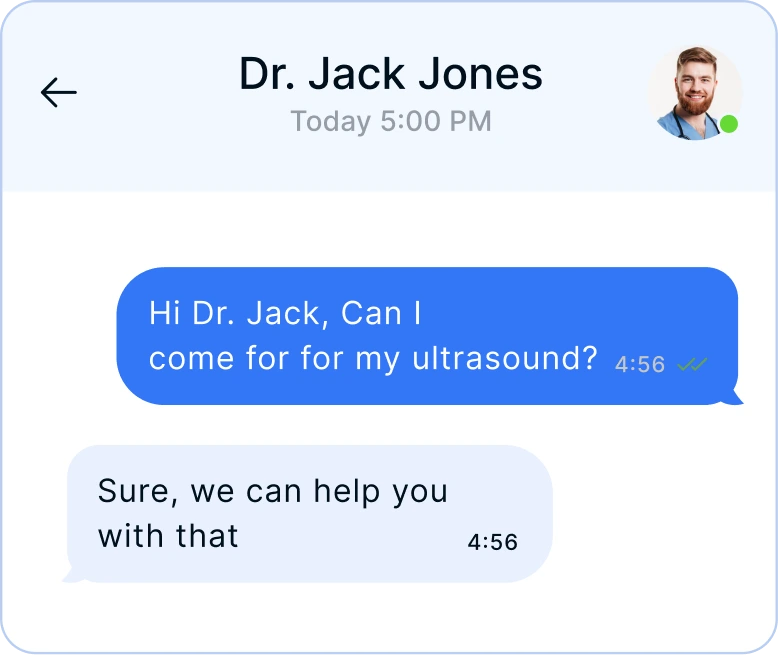 Chat conversation with Dr. Jack Jones about scheduling an ultrasound appointment, showing doctor's profile and online status