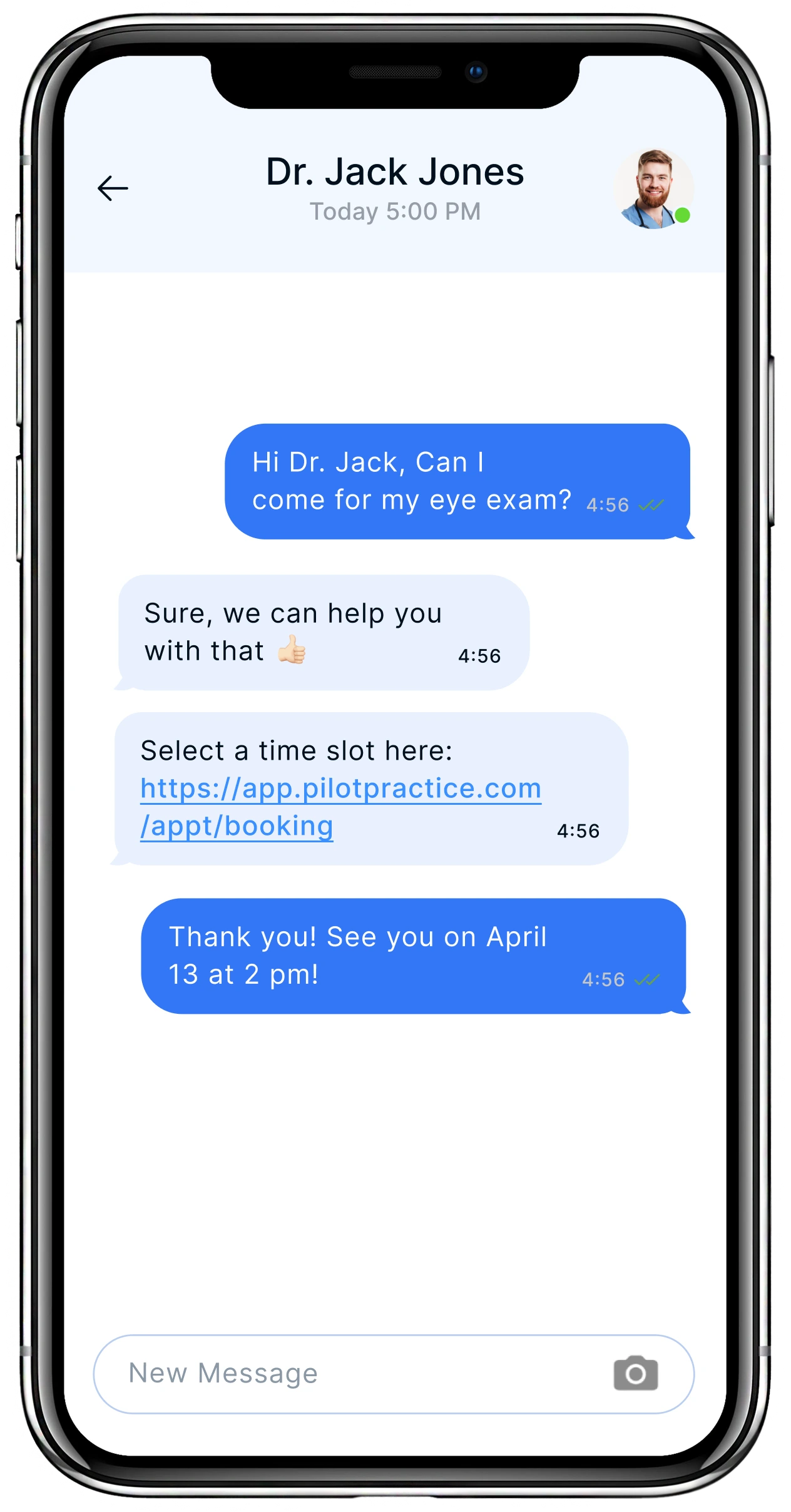 Smartphone screen showing text message conversation between patient and Dr. Jack Jones about scheduling an eye exam
