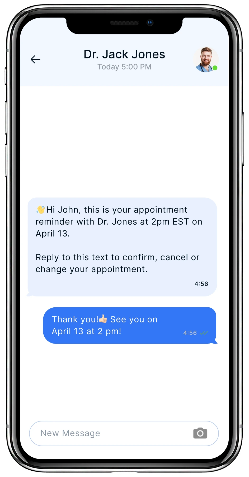 Text message appointment reminder from Dr. Jack Jones confirming 2pm EST appointment on April 13 with patient confirmation response