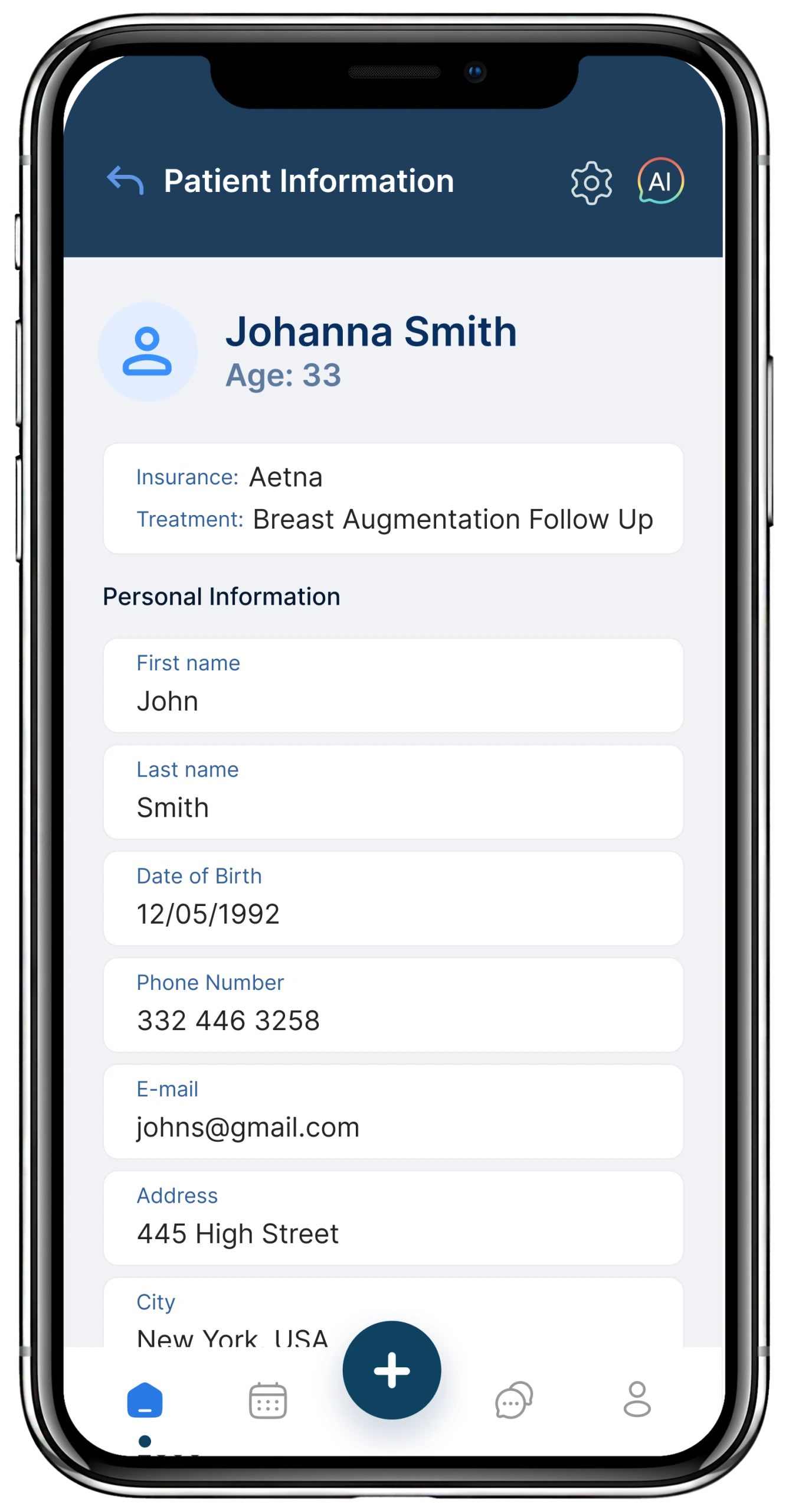 Smartphone displaying centralized patient record for Johanna Smith, age 33, with insurance, treatment details, and personal information fields
