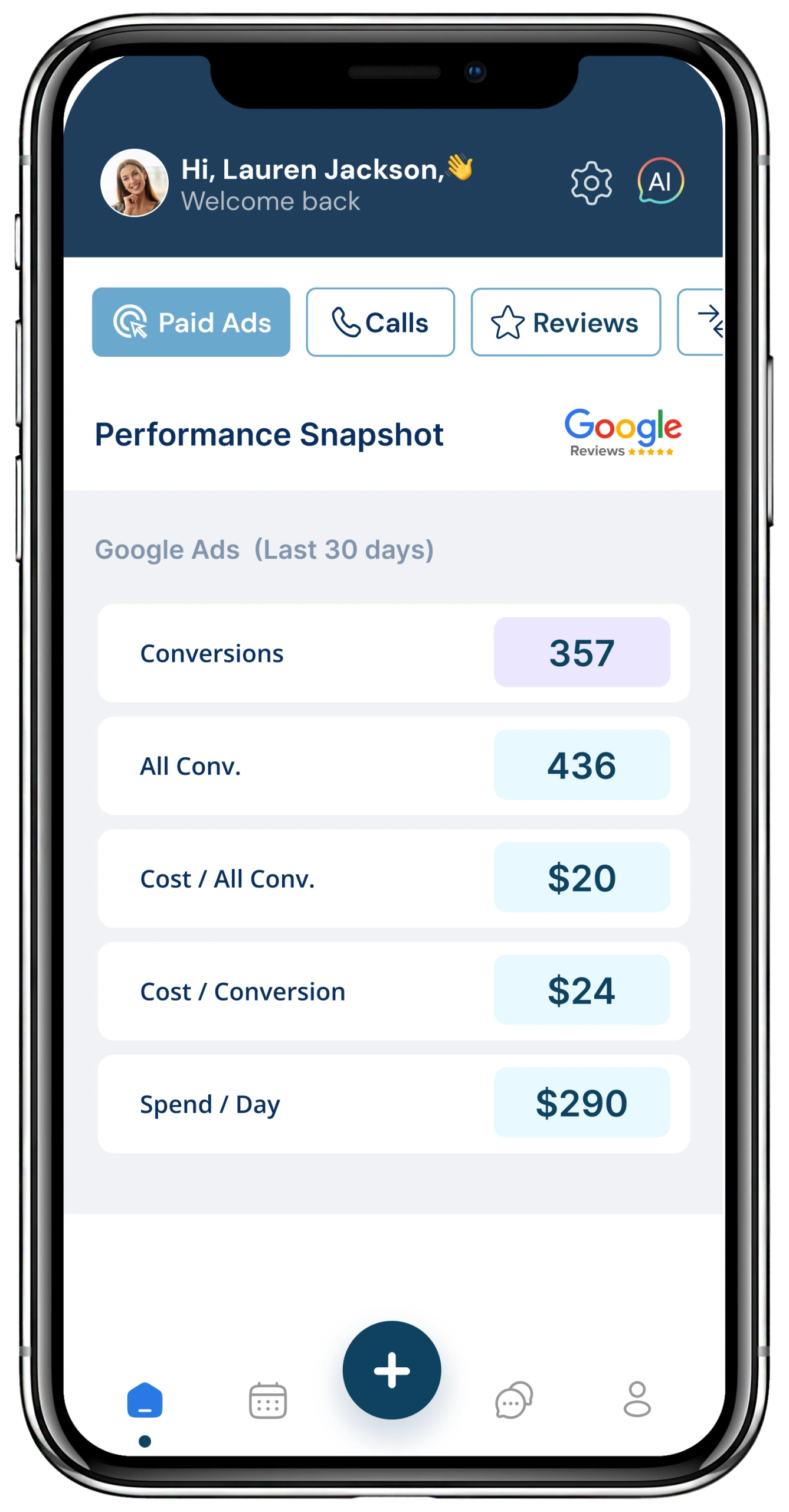 Smartphone screen showing Lauren Jackson's podiatry practice dashboard with Google Ads performance metrics including 357 conversions and $290 daily spend
