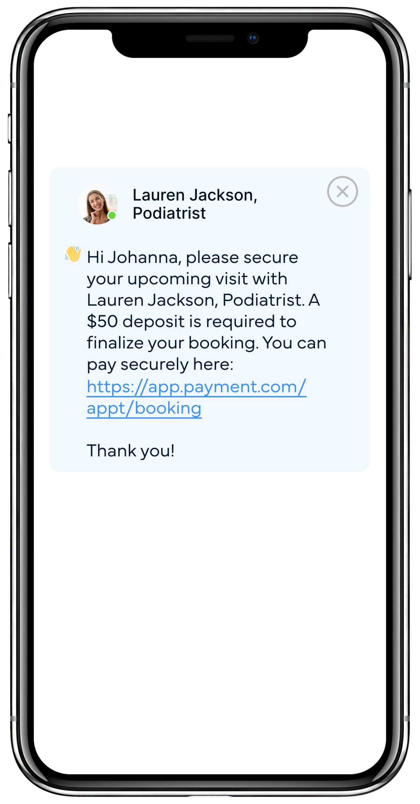 Smartphone screen displaying appointment deposit request message from Lauren Jackson, Podiatrist requiring $50 deposit with secure payment link