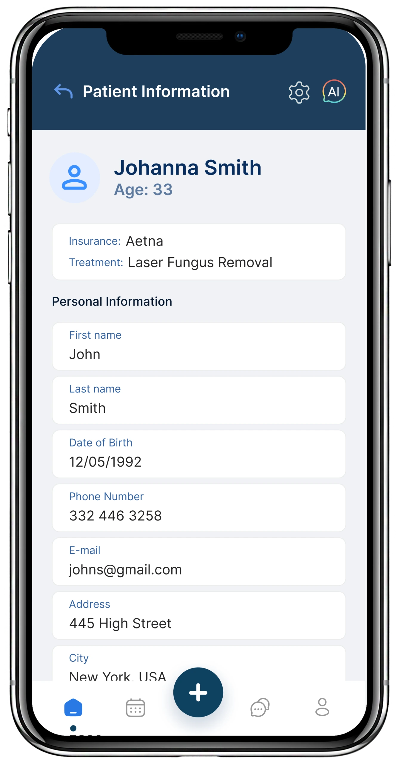 Smartphone displaying patient information screen showing Johanna Smith, age 33, with Aetna insurance and Laser Fungus Removal treatment, plus personal details form