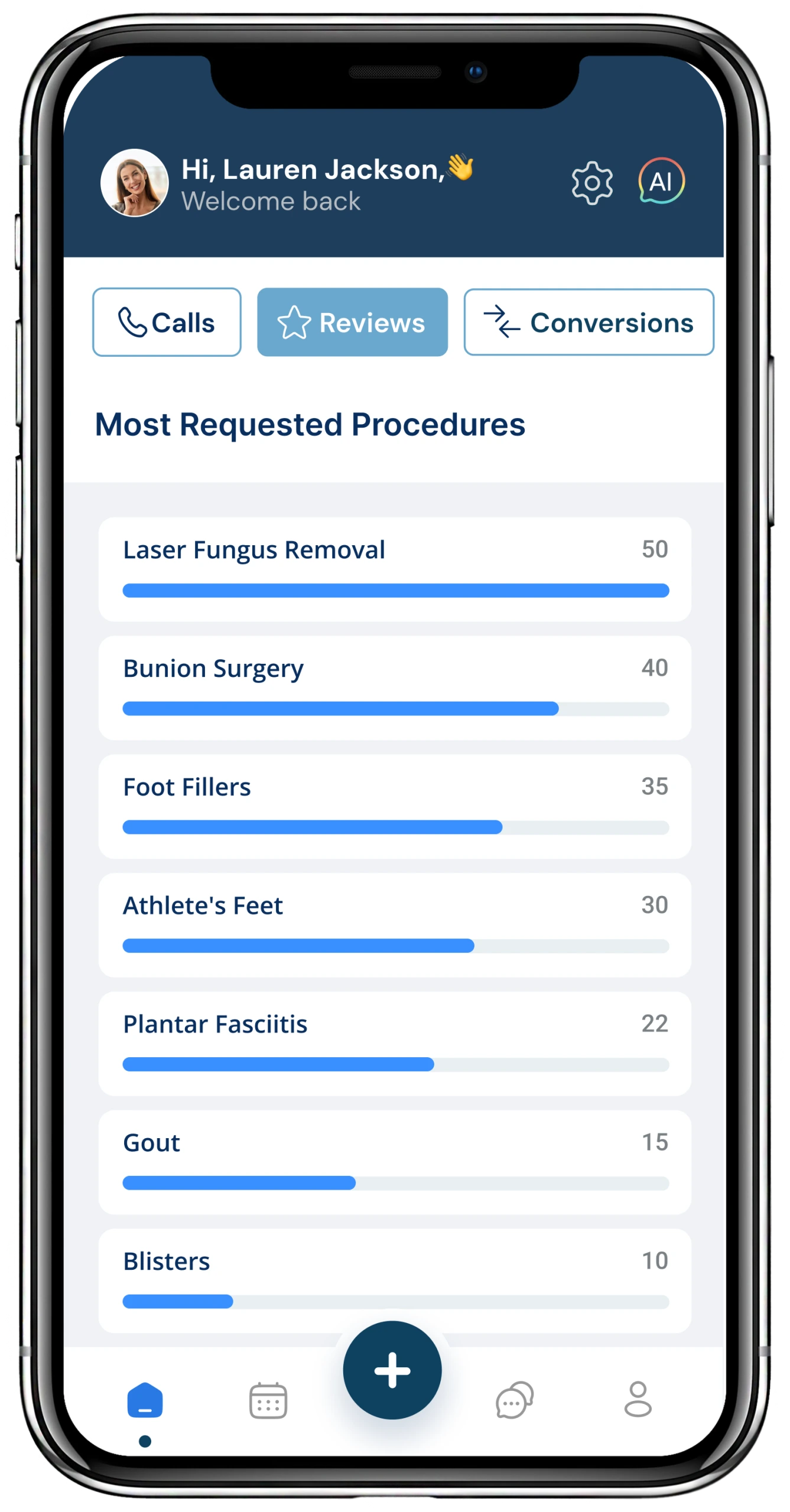 Smartphone displaying Most Requested Procedures list showing Laser Fungus Removal (50), Bunion Surgery (40), Foot Fillers (35), Athlete's Feet (30), Plantar Fasciitis (22), Gout (15), and Blisters (10)