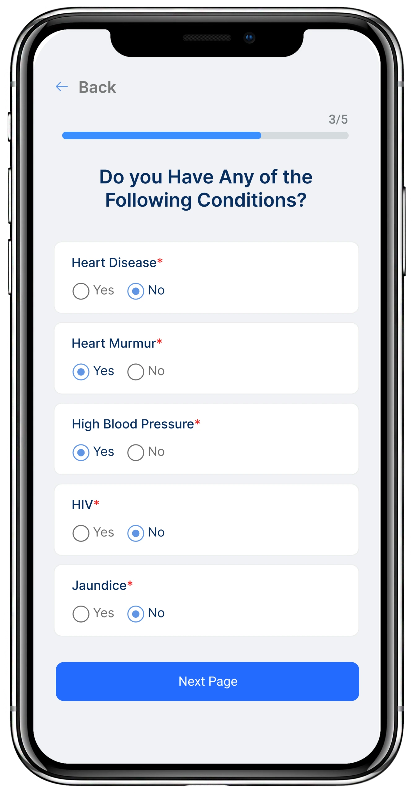 Podiatry patient intake form on smartphone showing medical history questions about heart disease, heart murmur, high blood pressure, HIV, and jaundice with yes/no radio buttons