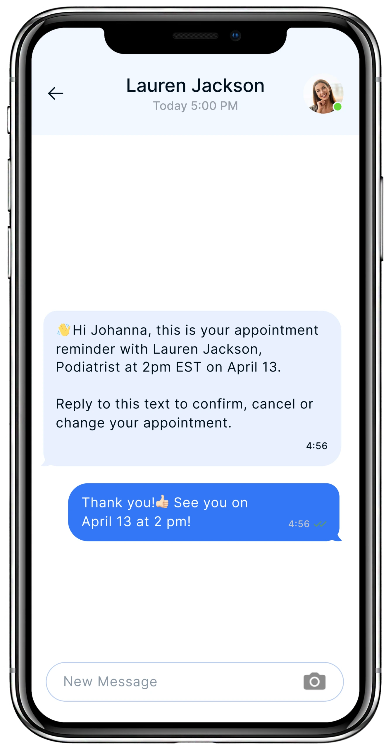 Text message conversation between patient Johanna and podiatrist Lauren Jackson confirming a 2pm appointment on April 13