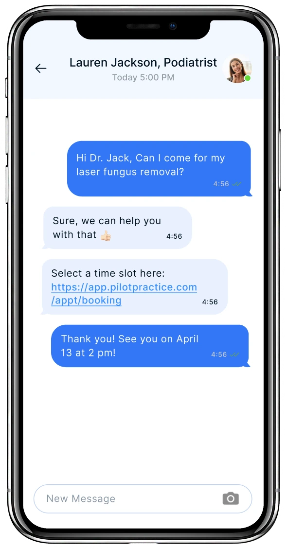 Text conversation showing patient requesting laser fungus removal appointment and office responding with online booking link