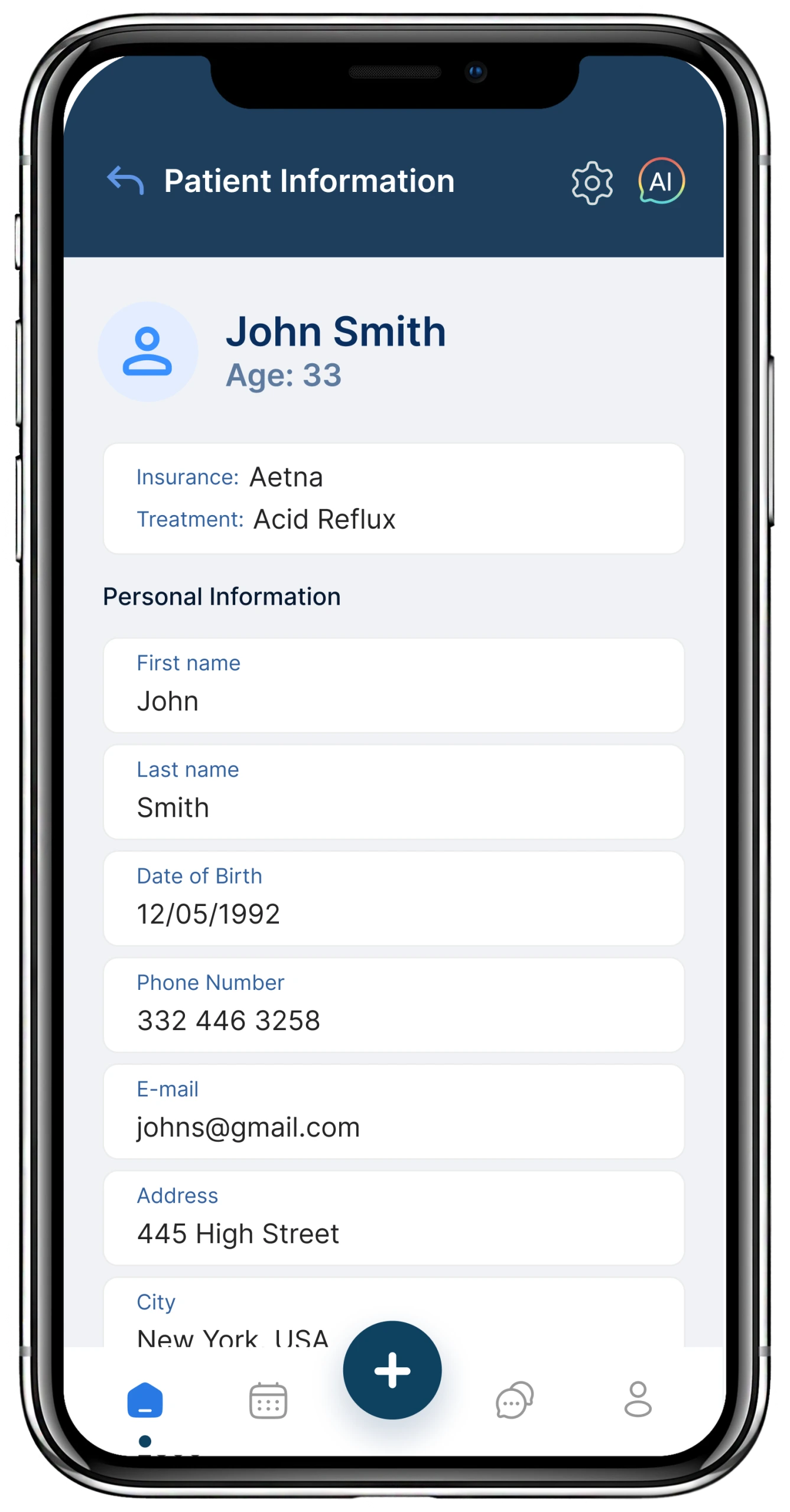 Smartphone displaying Patient Information screen for John Smith, age 33, showing insurance and treatment details plus personal information form fields