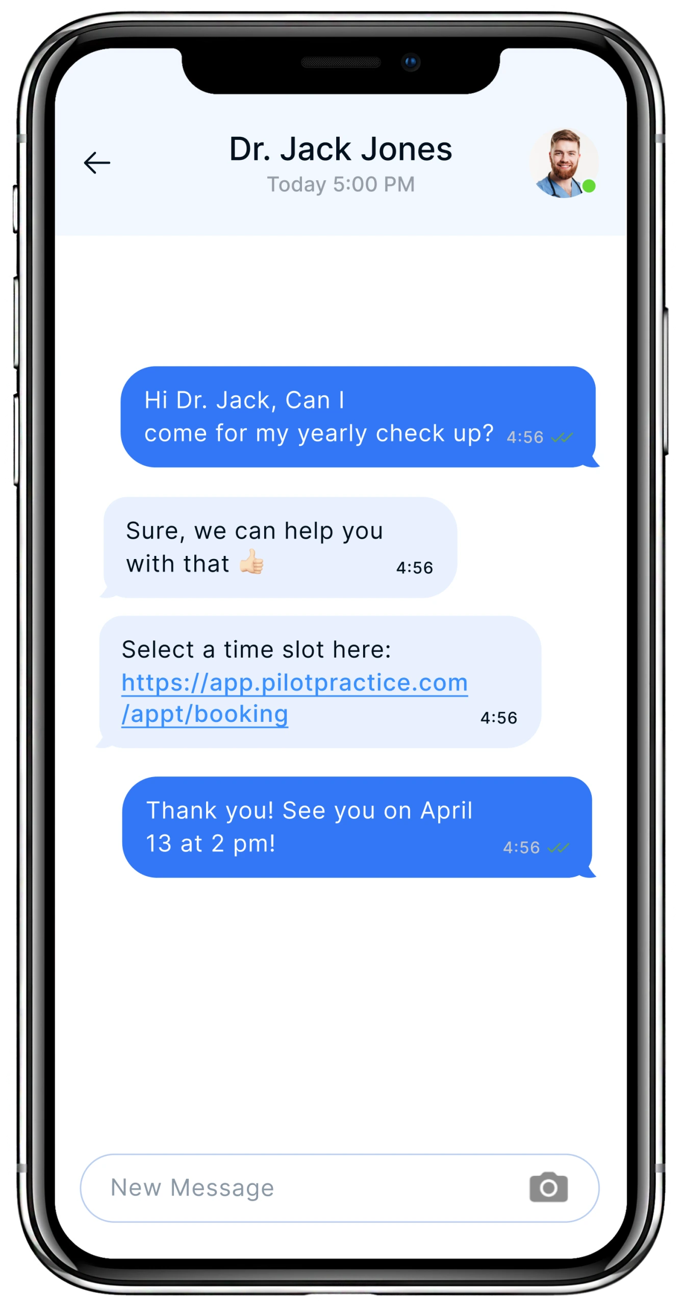 Smartphone messaging conversation between patient and Dr. Jack Jones arranging yearly check-up appointment with booking link