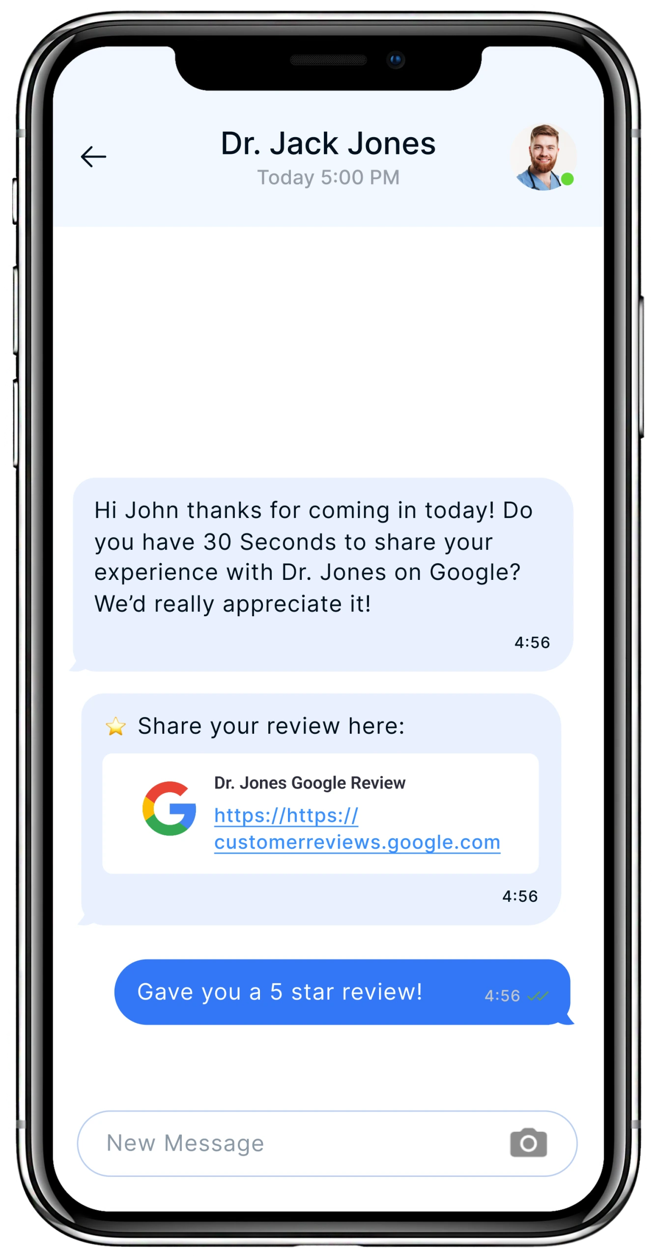 Text conversation with Dr. Jack Jones where patient John receives review request for Google and responds with five-star review