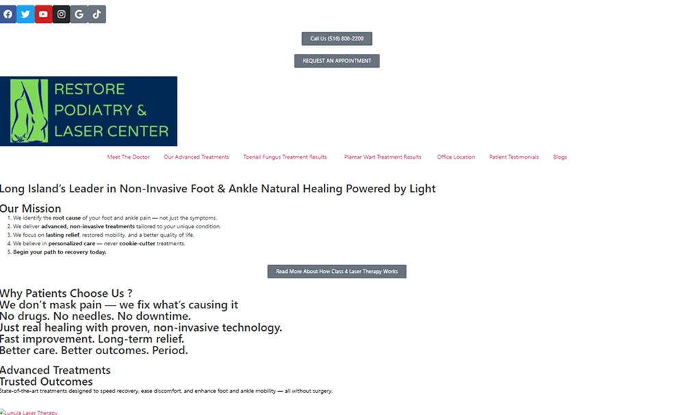 Restore Podiatry & Laser Center logo and website homepage featuring foot and ankle treatment services