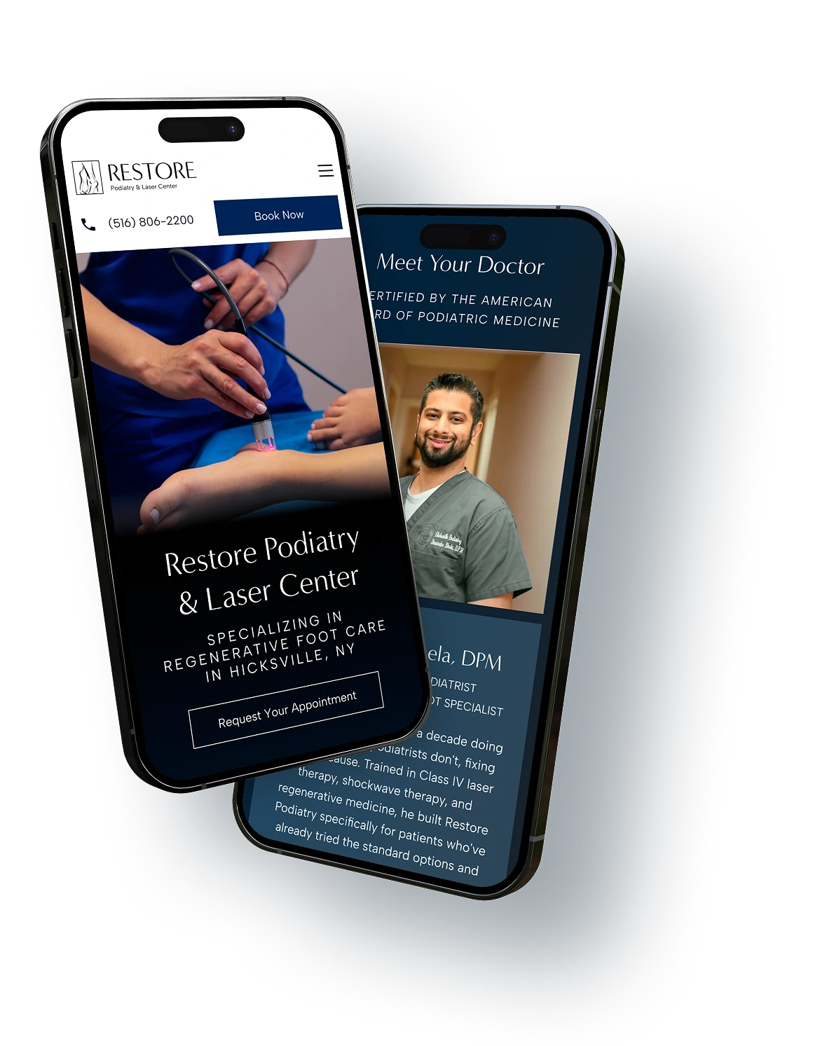 Two smartphone screens displaying Restore Podiatry website with podiatrist treating patient foot and doctor portrait