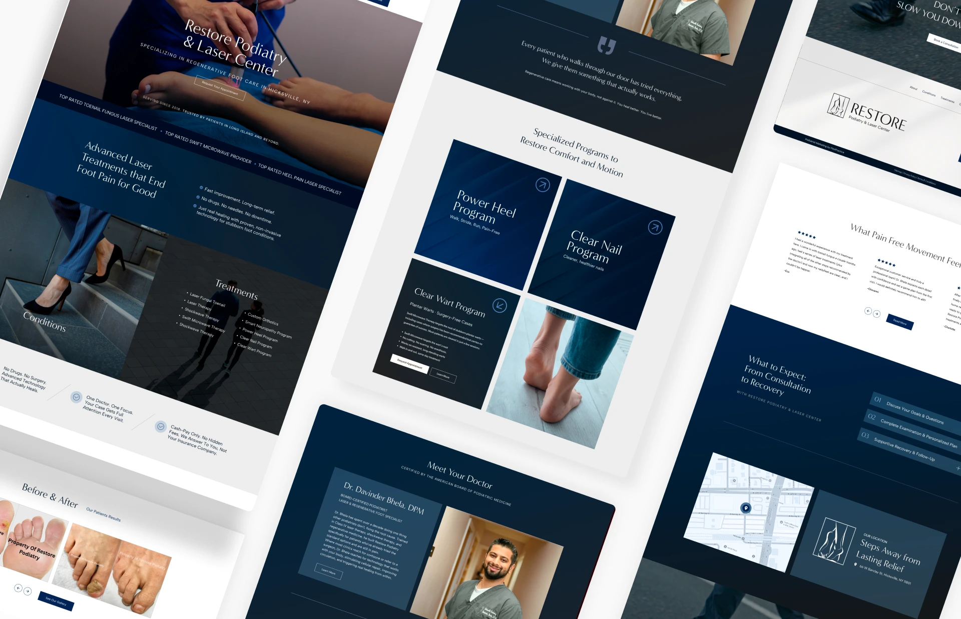 Multiple website page layouts for Restore Podiatry & Laser Center showing treatment programs and doctor photos