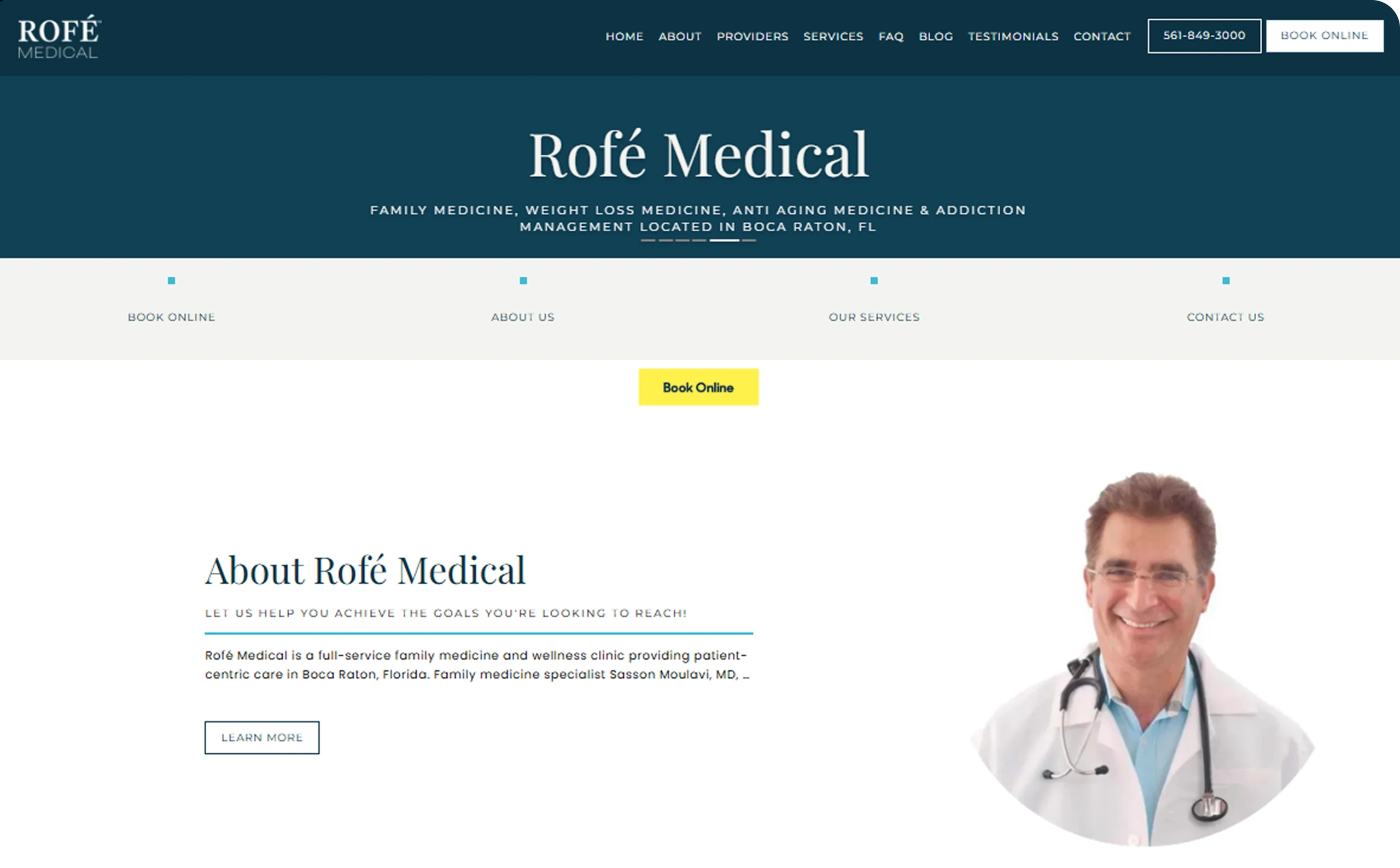 Rofé Medical website homepage featuring male doctor in white coat with stethoscope