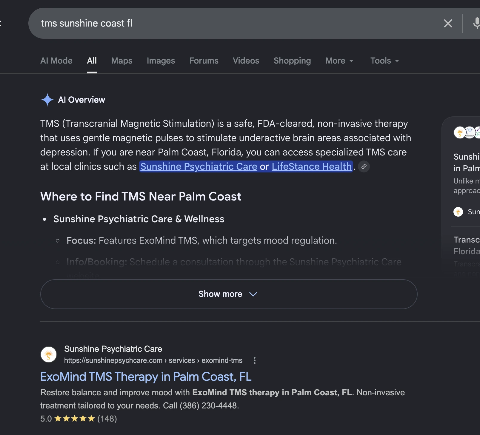 Google search results page with AI Overview describing TMS therapy and listing Sunshine Psychiatric Care and LifeStance Health clinics near Palm Coast, Florida