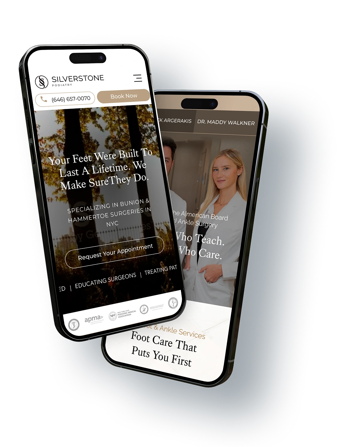 Two smartphone mockups displaying Silverstone Podiatry website with Dr. Maddy Walkner and bunion surgery information