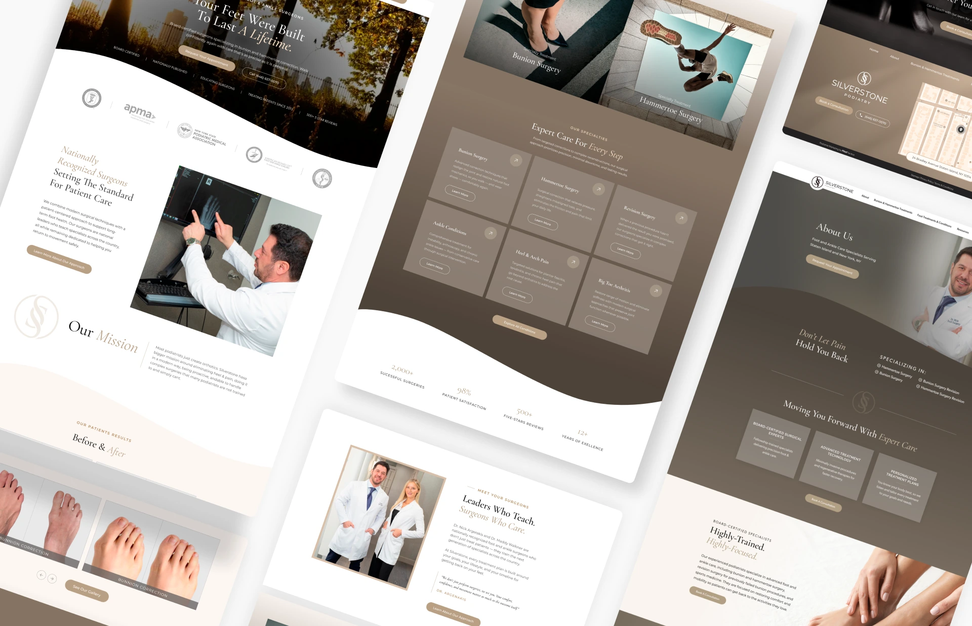 Multiple website mockups for Silverstone Podiatry displaying homepage, case studies, team bios, and patient foot care examples