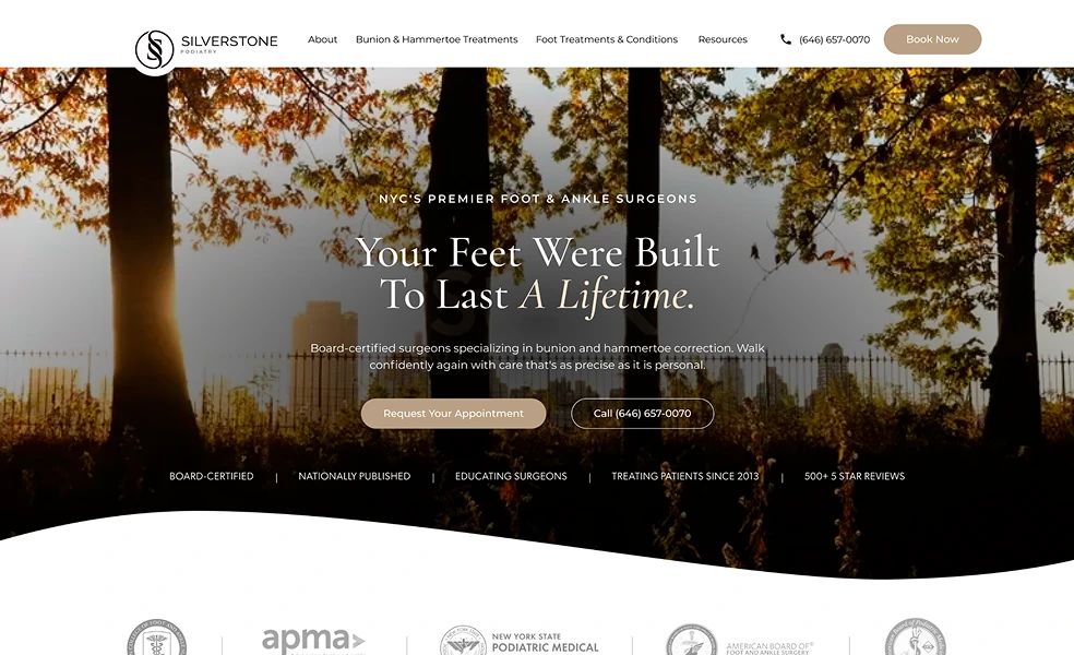 Silverstone Podiatry website header: NYC's premier foot & ankle surgeons offering bunion and hammertoe correction