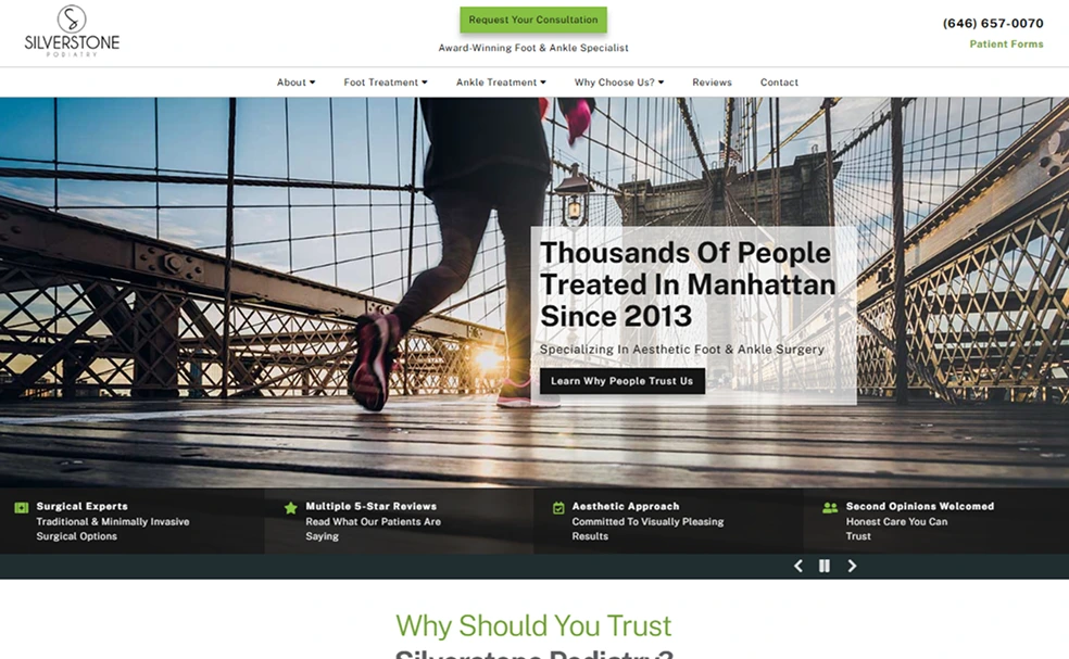 Runner jogging on Manhattan Bridge at sunset with text 'Thousands Of People Treated in Manhattan Since 2013'