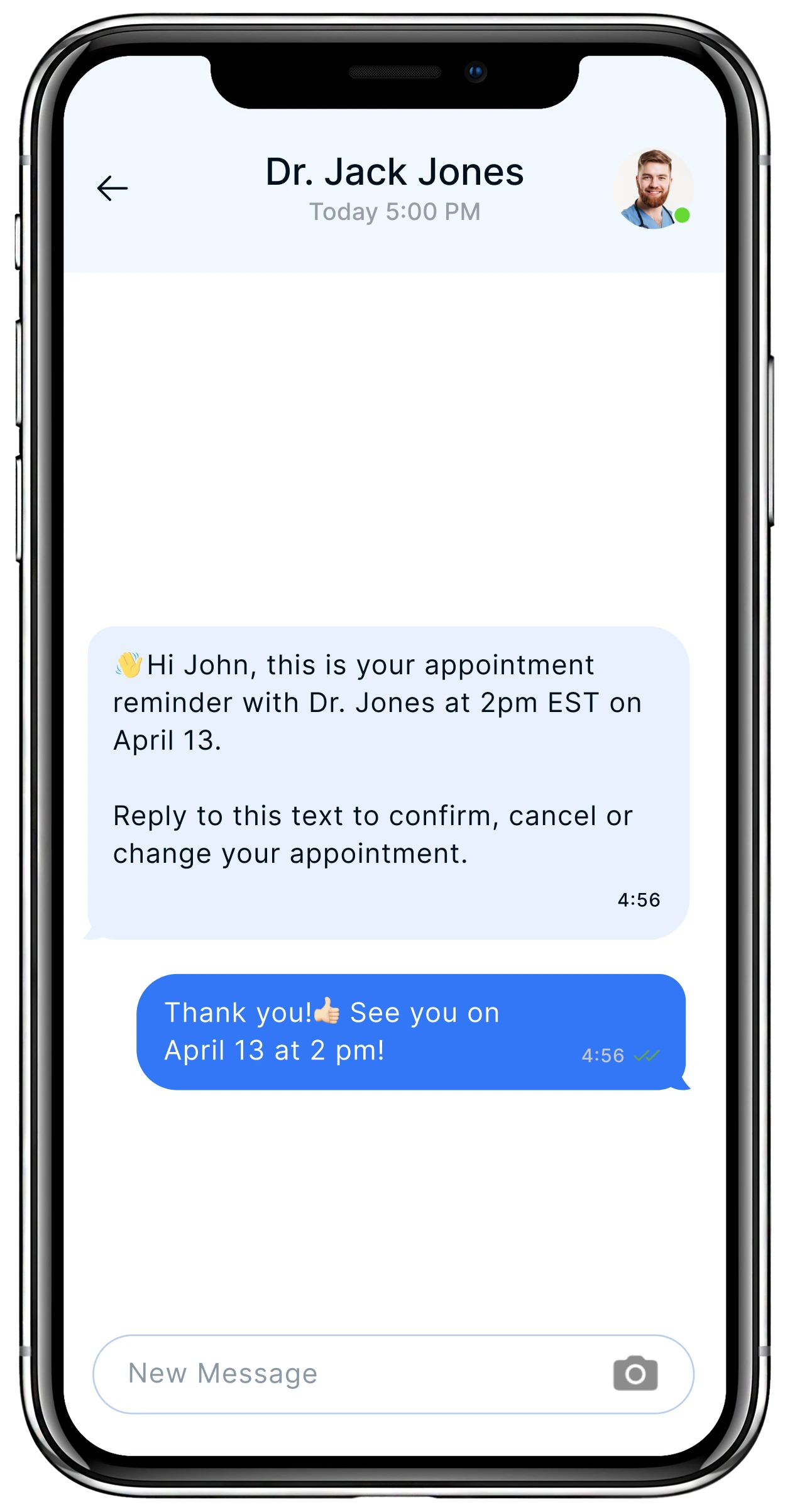 Appointment reminder text from Dr. Jack Jones to patient confirming 2pm EST appointment on April 13, patient confirms attendance