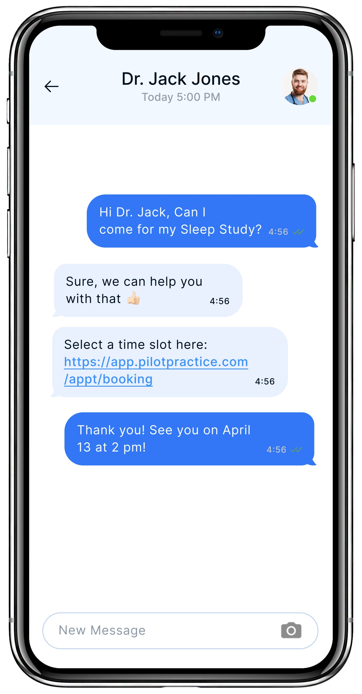 Text conversation between patient and Dr. Jack Jones about sleep study appointment, Dr. Jones provides online booking link and confirms April 13 at 2pm appointment