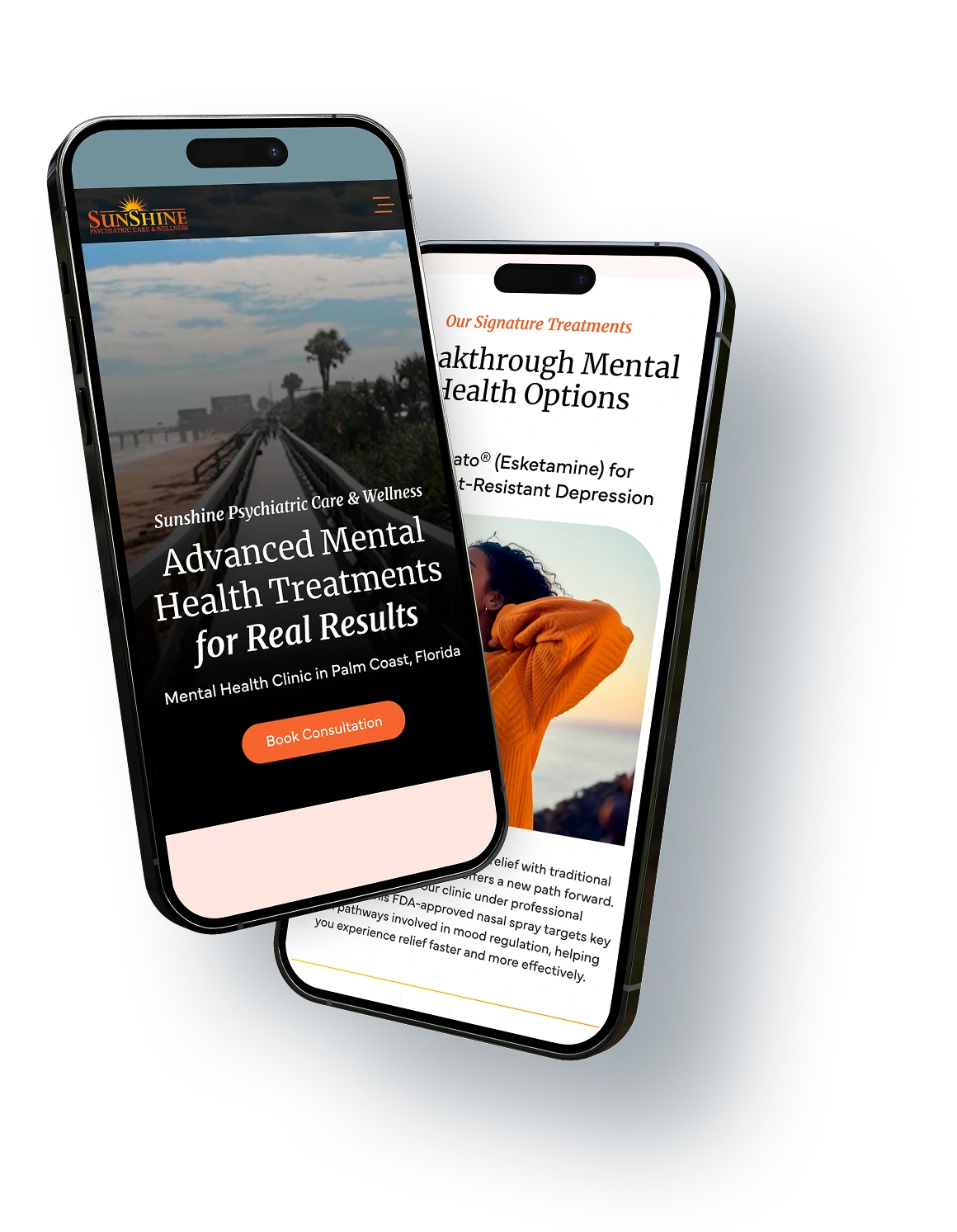 Two smartphone screens displaying Sunshine Psychiatry website with palm tree boardwalk imagery and mental health treatment information