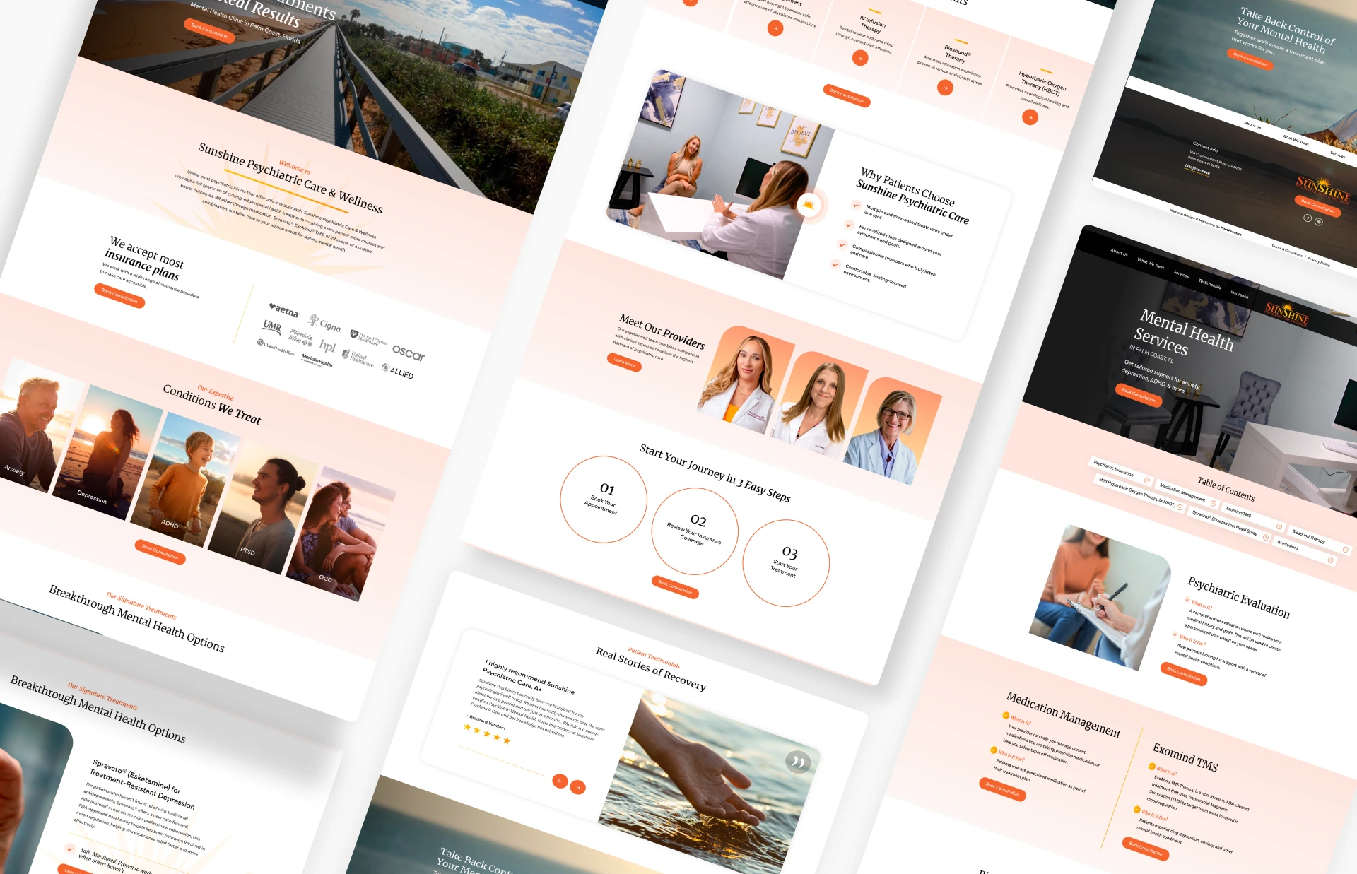 Multiple webpage layouts from Sunshine Psychiatry website showing treatment services, team photos, and patient testimonials