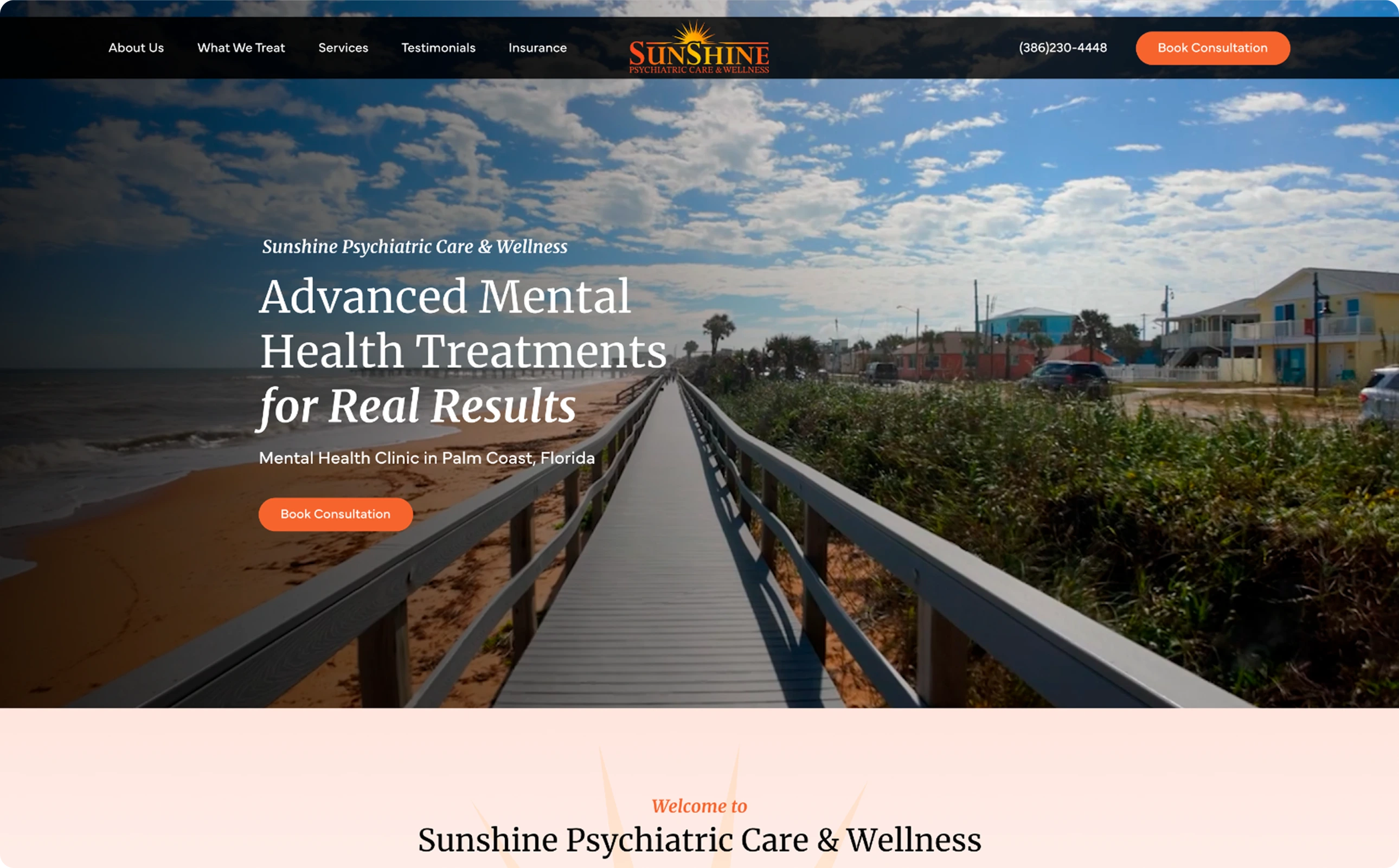 Sunshine Psychiatric Care & Wellness website header with boardwalk overlooking coastal landscape and text promoting advanced mental health treatments
