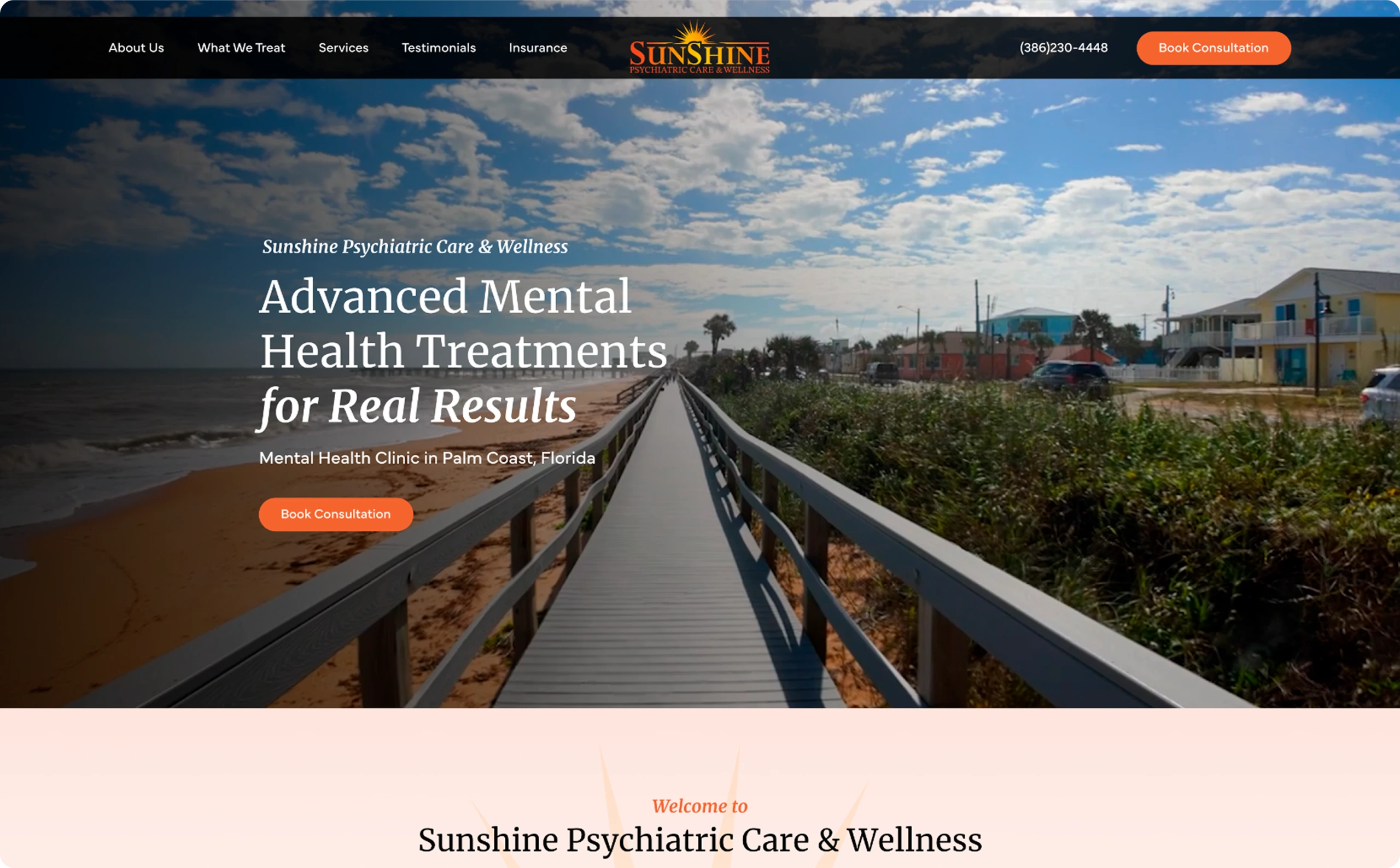 Sunshine Psychiatric Care & Wellness website header with boardwalk overlooking coastal landscape and text promoting advanced mental health treatments