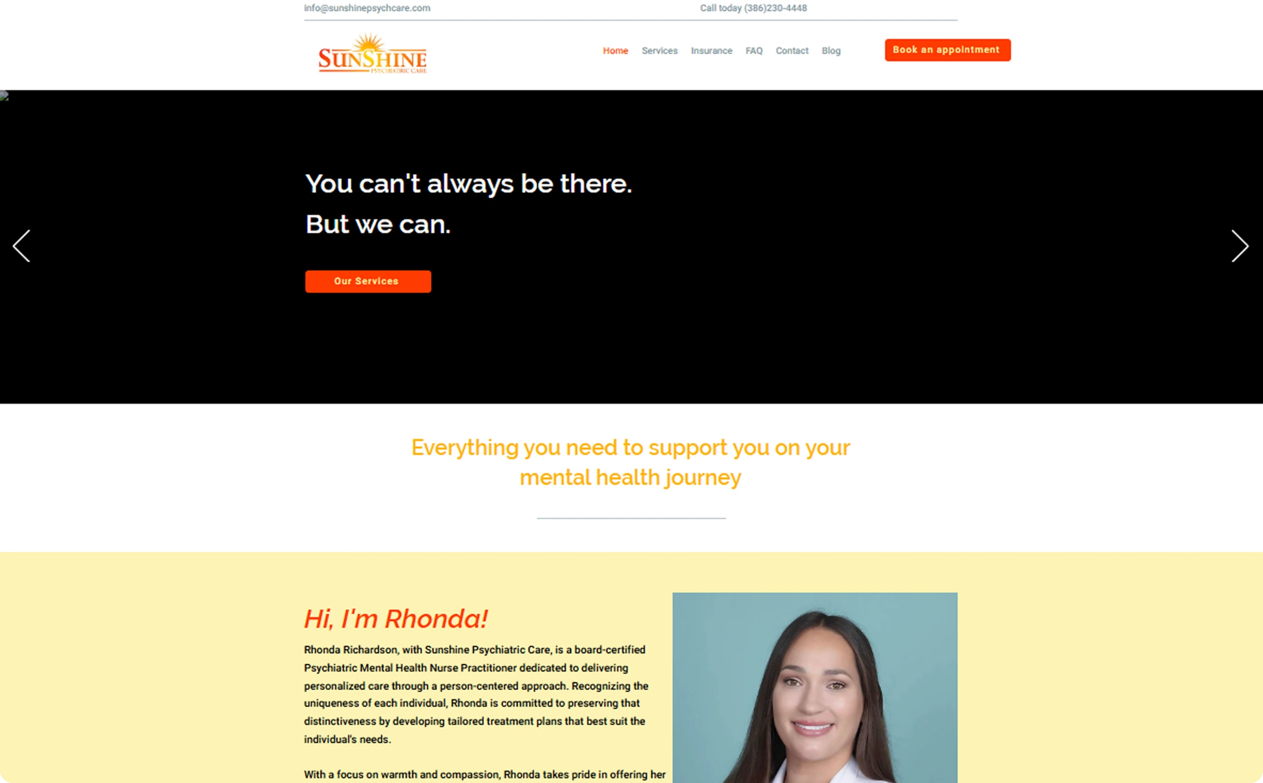 Sunshine Psychiatric Care website section introducing Rhonda Richardson, board-certified psychiatric nurse practitioner, with her photo and biography