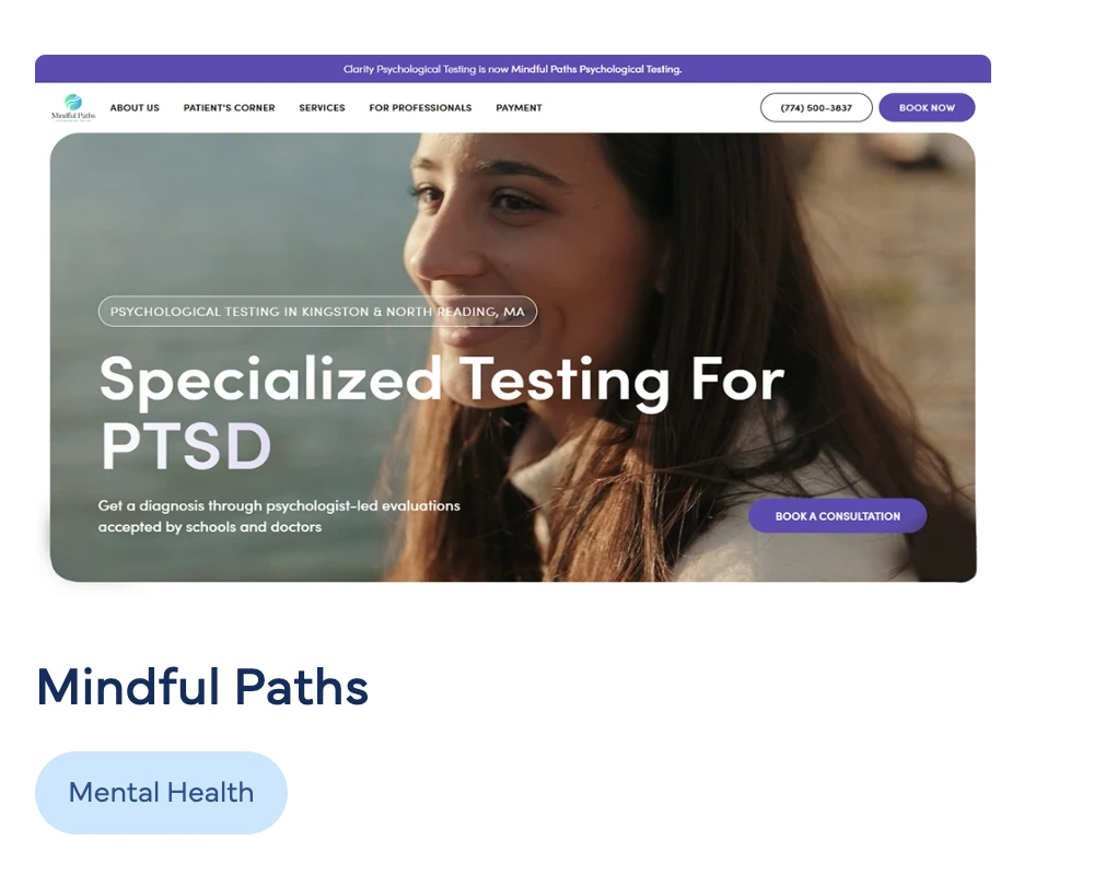 Mindful Paths psychology website homepage featuring young woman, heading 'Specialized Testing For PTSD' and psychological testing services in Kingston and North Reading, MA