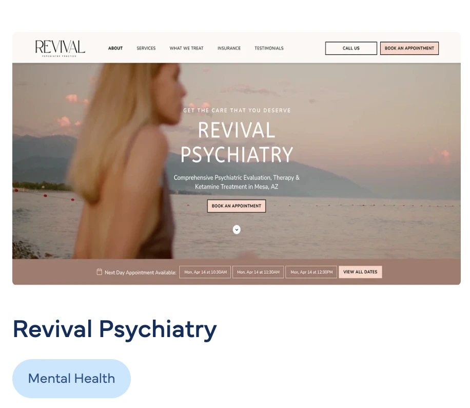 Revival Psychiatry website homepage with woman by sunset water, heading 'REVIVAL PSYCHIATRY' and comprehensive psychiatric evaluation and ketamine treatment in Mesa, AZ