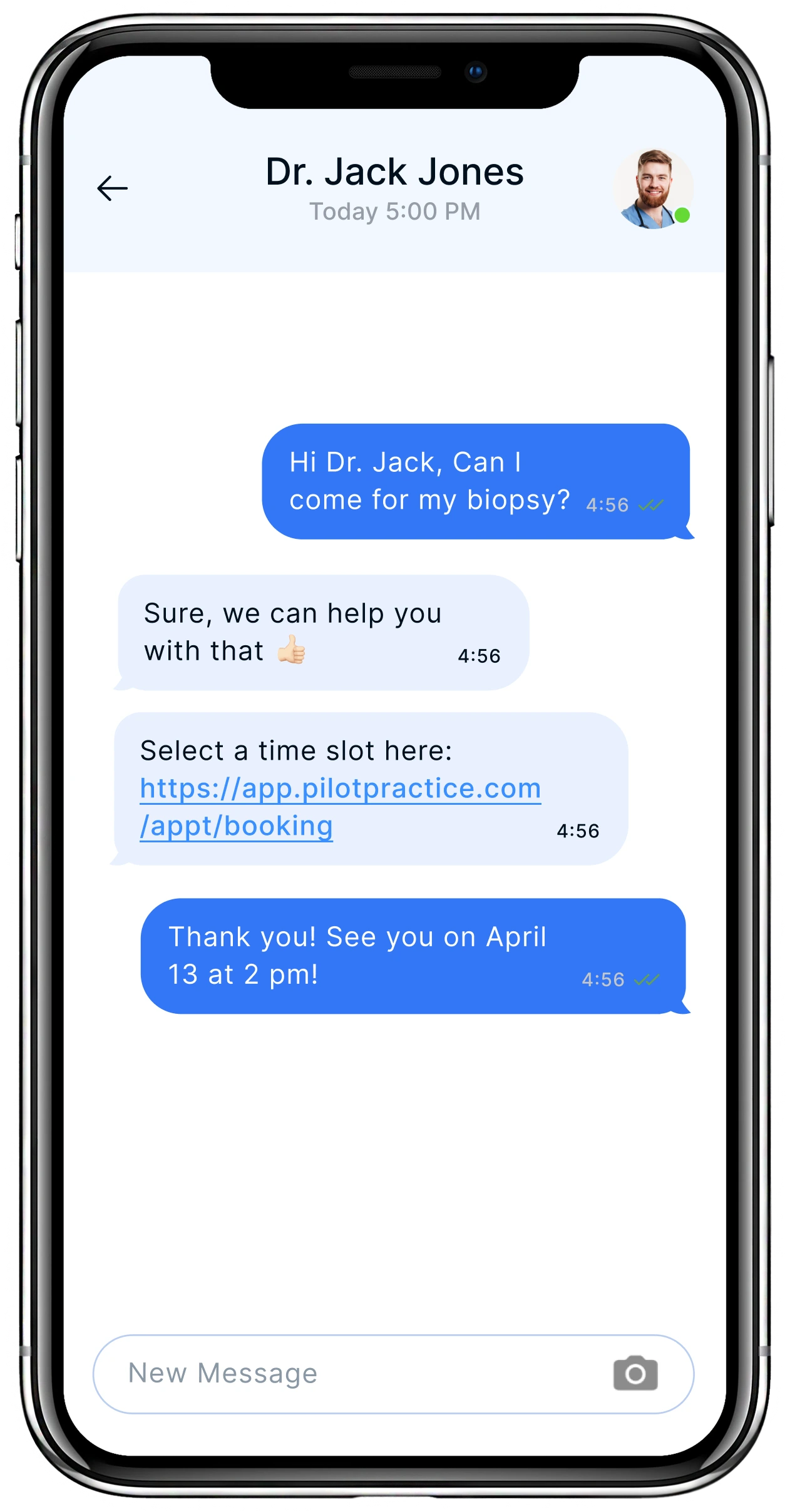 Text conversation between patient asking about biopsy appointment and Dr. Jack Jones's office providing booking link and confirming April 13 appointment time