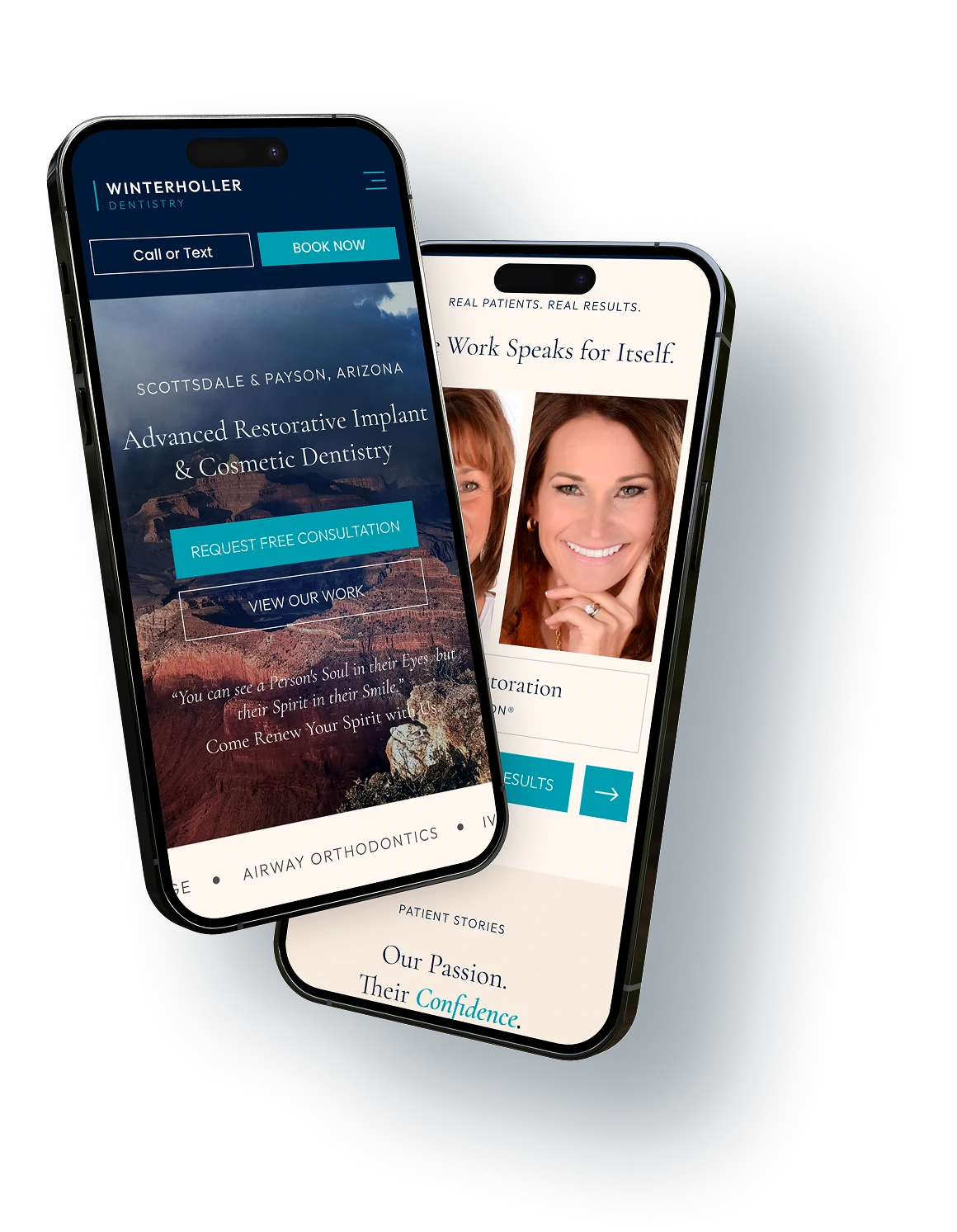 Two smartphone screens displaying Winterholler Dentistry website with patient smile gallery and cosmetic dentistry services