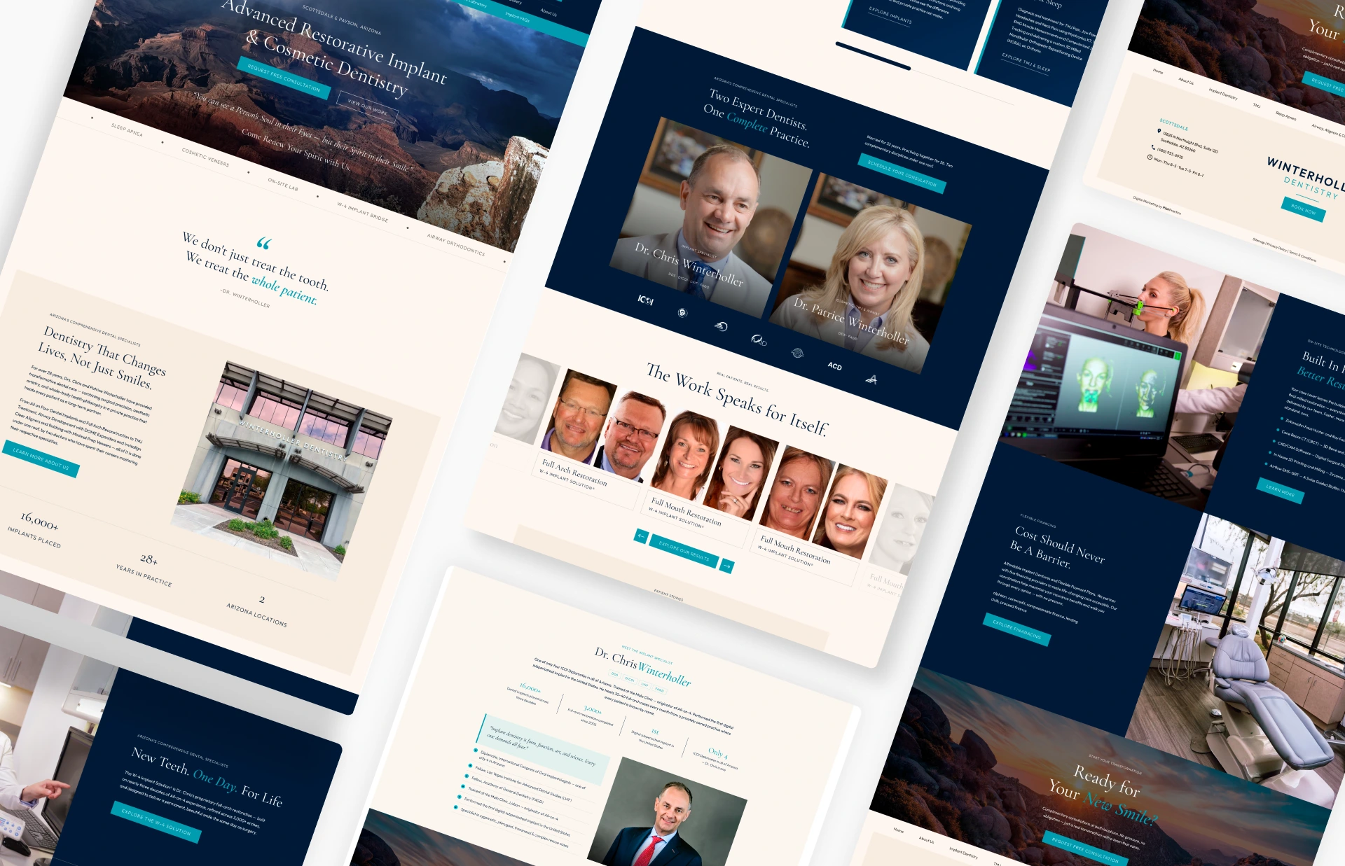 Multiple web pages from Winterholler Dentistry website showing patient testimonials and before-and-after photos