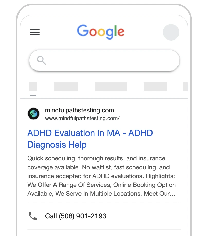 ADHD testing Google ads by Pilotpractice