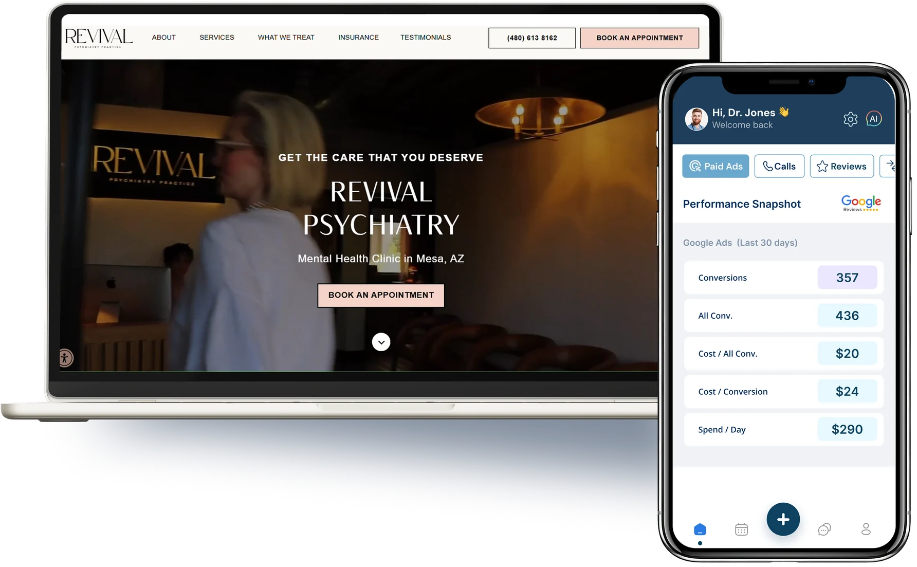 A medical practice website built by PilotPractice beside the KloudMD app showing Google Ads results