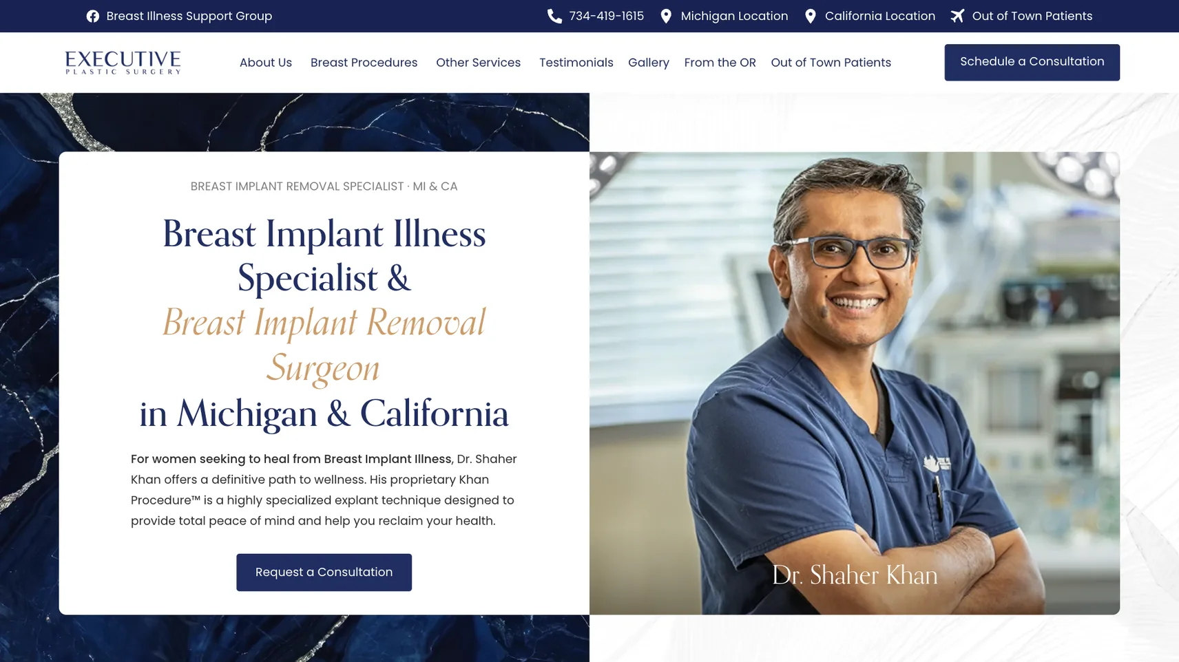 Executive Plastic Surgery website homepage designed by PilotPractice