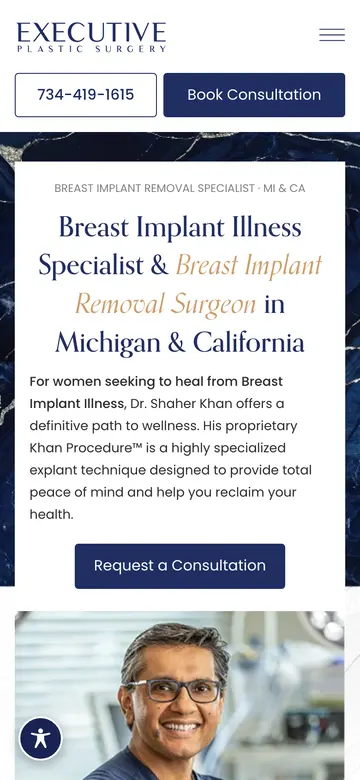 Executive Plastic Surgery website on a phone