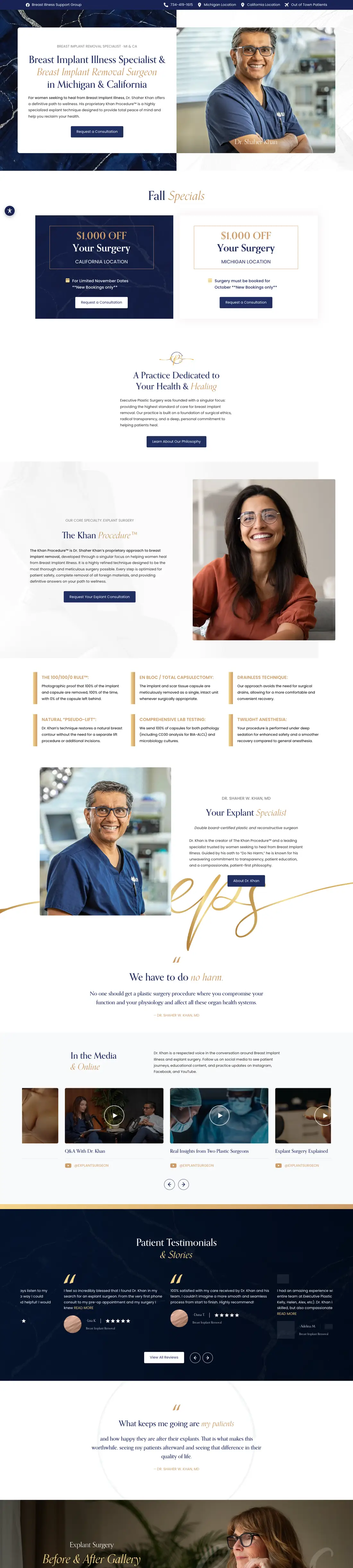 Executive Plastic Surgery website, full homepage on desktop, designed by PilotPractice