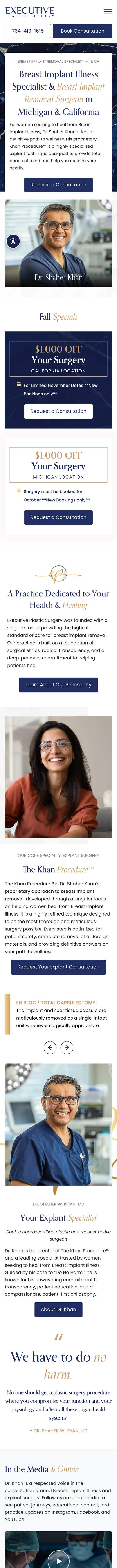 Executive Plastic Surgery website on a phone