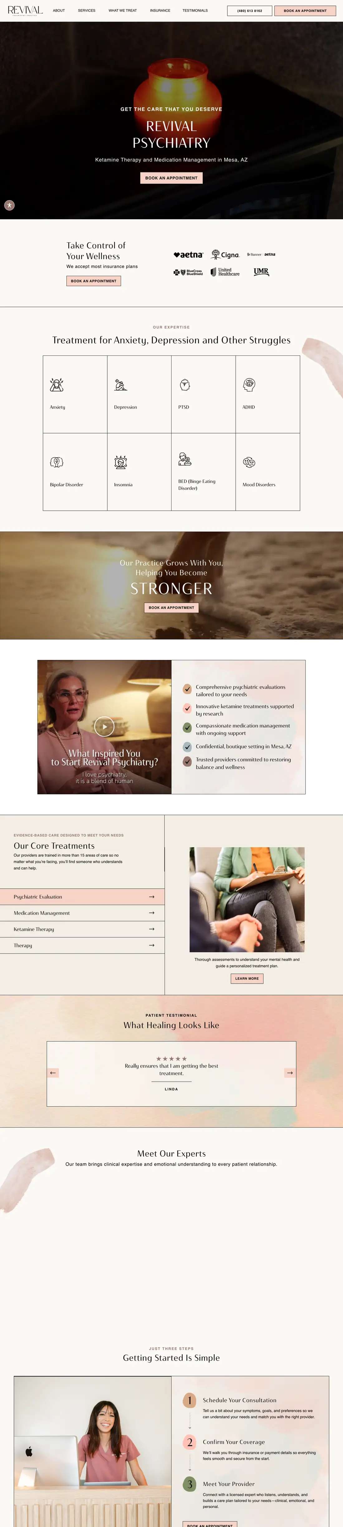 Revival Psychiatry website, full homepage on desktop, designed by PilotPractice