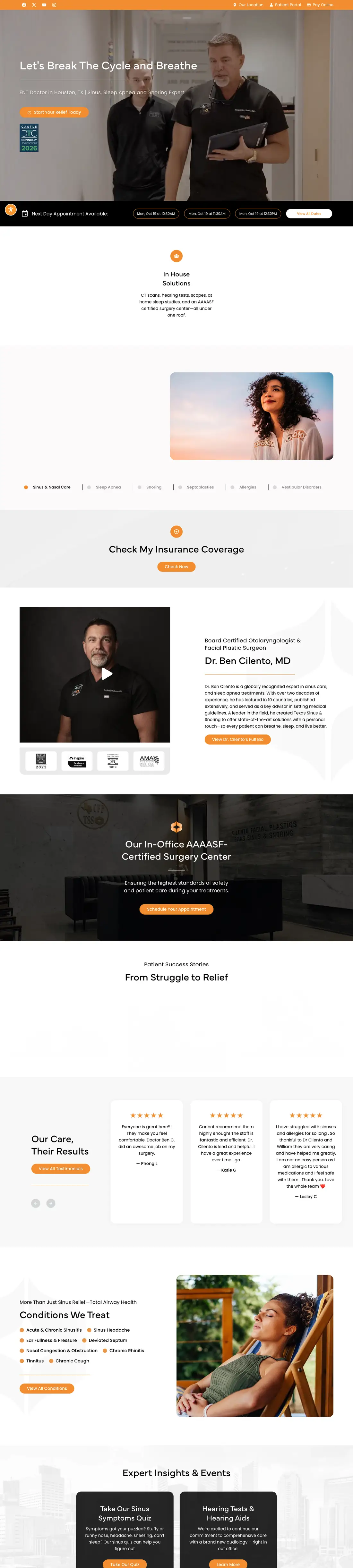 Texas Sinus and Snoring website, full homepage on desktop, designed by PilotPractice