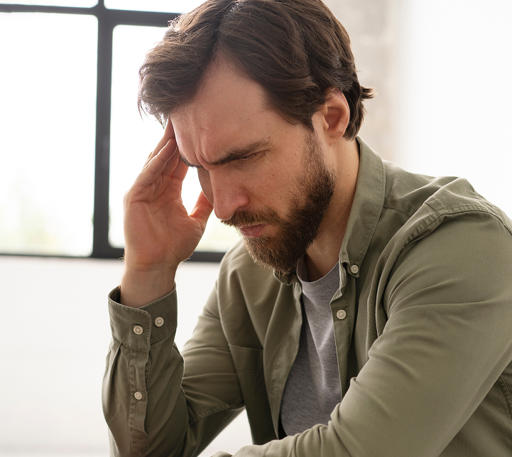 Man in olive shirt holding his head with hand, appearing distressed