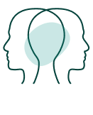 Two profile outlines of heads facing each other with a teal circular shape between them
