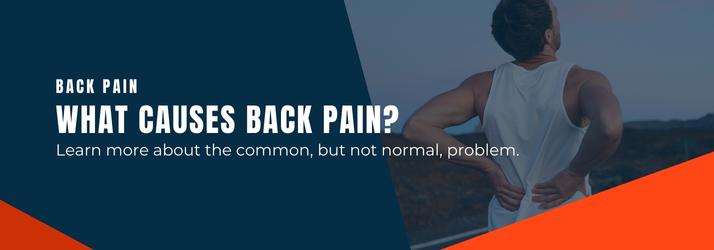 Man from behind touching his lower back in pain, with text 'What causes back pain?'