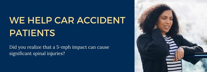 Woman in striped shirt and black jacket outdoors, with text 'We help car accident patients'