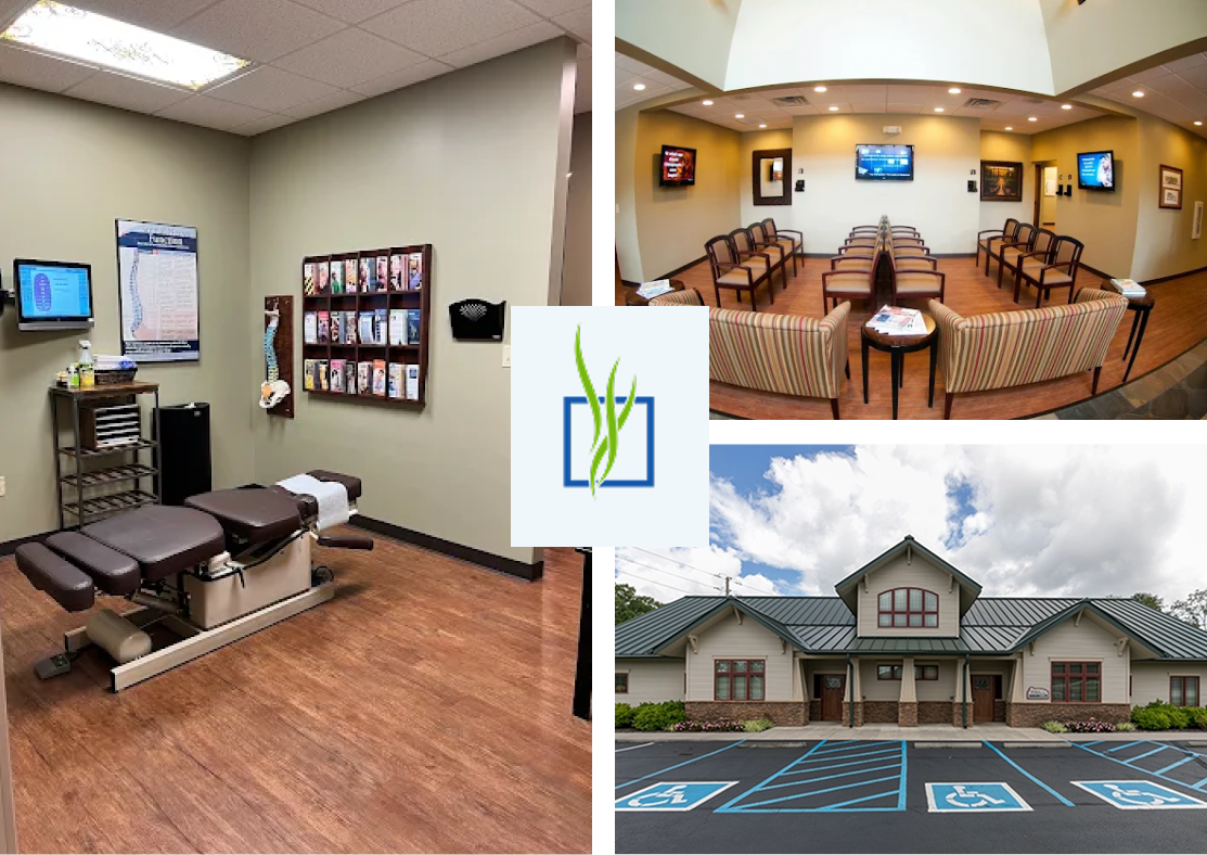 Chiropractic treatment room with adjustment table, waiting room with padded chairs, Pray Chiropractic logo, clinic exterior building, and accessible parking spaces