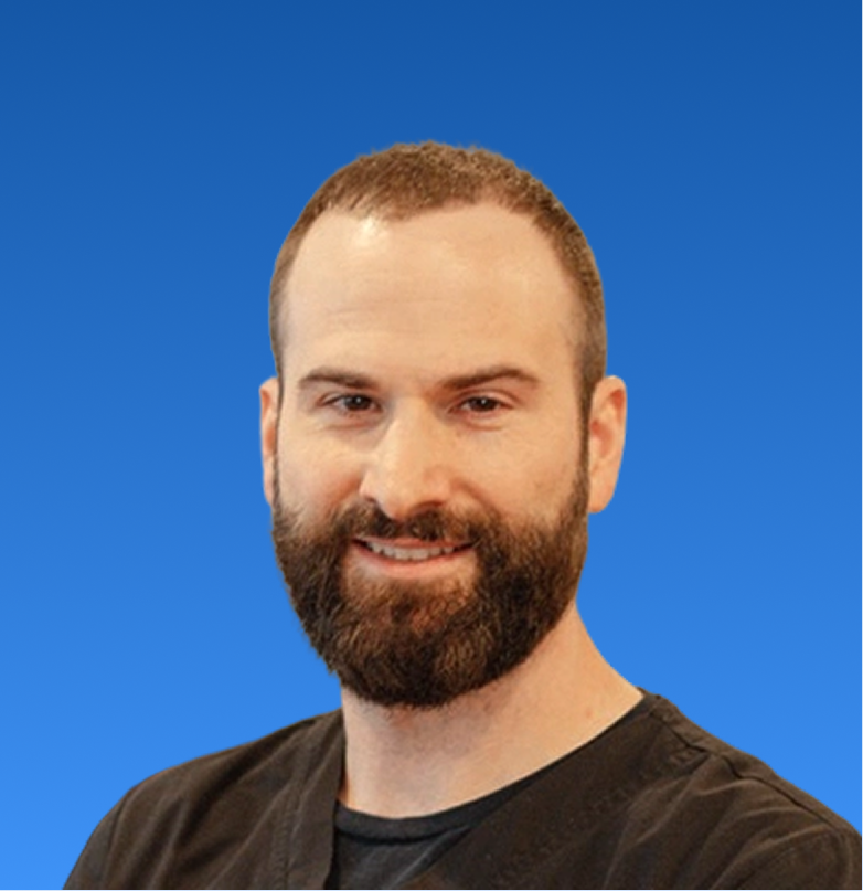 James Bodkin, D.C., chiropractor with beard wearing dark shirt against blue background