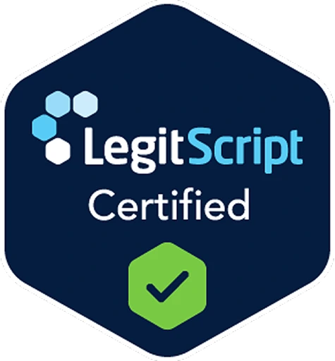 LegitScript Certified badge with hexagonal logo and checkmark